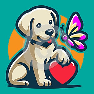Puppy\'s playful interaction with butterfly amidst hearts