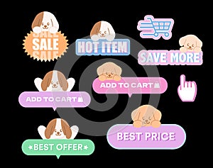 Puppy sale badges such as SALE, Hot Item, Add to Cart, Save More, Best Offer, Best Price, Click Here