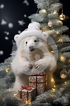 Puppy of Samoyed dog in Santa Claus hat with Christmas tree and gifts.