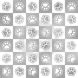 Puppy seamless pattern. Repeating pattern paw pets, dog or cat. Silver paws. Pet prints. Repeated animal background. Foot tracking