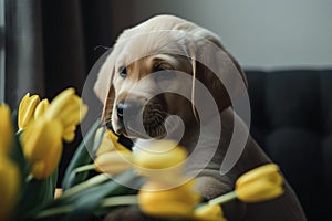 a puppy sitting on a couch next to a bunch of yellow flowers