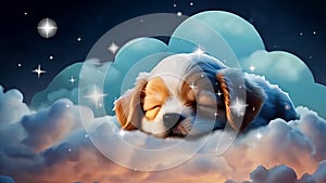 Puppy sleeping on puffy cloud in starry