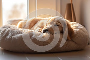 puppy sleeps on a soft pillow on a sunny day generative ai