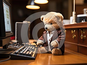 Puppy in suit typing on mini computer