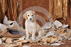 puppy surrounded by remnants of a destroyed slipper