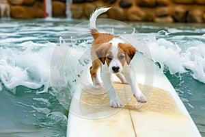 puppy with tail wagging on surfboard, approaching soft wave