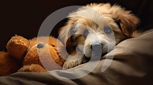 Puppy with teddy bear on brown bedding