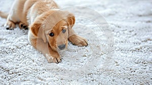 Puppy with a tender gaze on a plush carpet. Soft-textured golden pup in a domestic setting. Cute dog on the rug. Concept