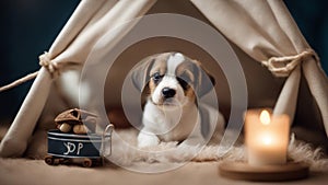 puppy with a toy A napping puppy in a miniature tent, with a humorous toy campfire setup