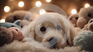 puppy with a toy A slumbering puppy wrapped in a fluffy cloud blanket, surrounded by a circle of sleeping stuffed animals