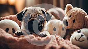 puppy with a toy A sorrowful pug puppy with big, glossy eyes, sitting in a cozy basket filled with soft blankets