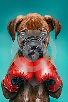 Puppy wearing boxing gloves on blue background. Generative AI