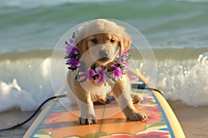 puppy wearing a hawaiian lei on surfboard with soft wave