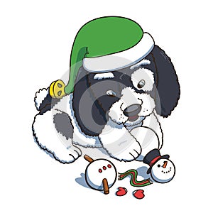 Puppy Wearing a New Year Elf Hat Plaing with Snowman