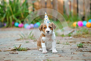 Puppy Wearing Party Hat Sitting on Ground. Generative AI