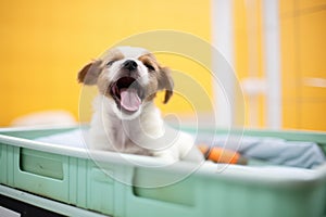 puppy yawning in shelter bed