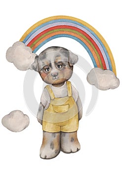 puppy in yellow overalls with rainbow watercolor illustration