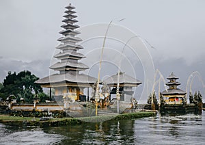 Pura Ulun Danu Bratan temple in Bali island. Hindu temple in flowers on Beratan lake, Bali ,Indonesia.