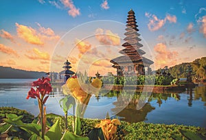 Pura Ulun Danu Bratan, Hindu temple on Bratan lake landscape at sunrise in Bali, Indonesia