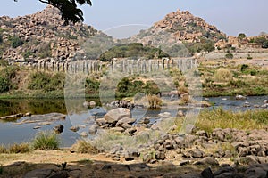 Purandara Mandapa looking towards Chandramouleshwara Temple over Tungabhadra River, Hampi, near Hospete, Karnataka, India