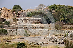 Purandara Mandapa looking towards Chandramouleshwara Temple over Tungabhadra River, Hampi, near Hospete, Karnataka, India