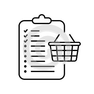 Purchase Checklist Line Icon. Grocery List to Buy Pictogram. Order List with Basket Outline Symbol. Procurement Checkout