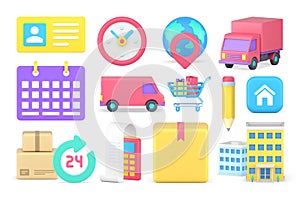Purchase global delivery online shopping goods courier truck transportation set 3d icon vector