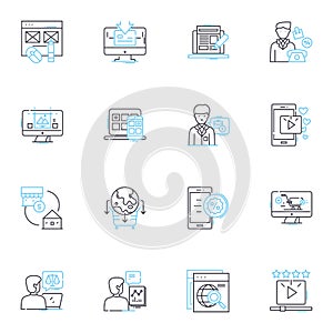 Purchase online linear icons set. Shopify, E-commerce, Checkout, Amazon, Payment, Shipping, PayPal line vector and