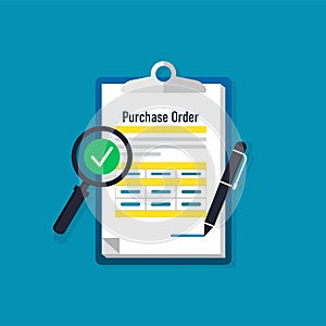 Purchase order form with magnifying glass and pen isolated with blue background