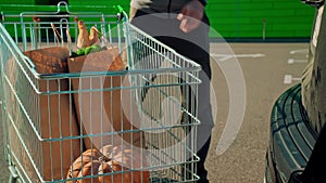 purchaser with shopping cart near store