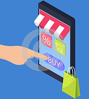 Purchases, orders in online store, e-commerce. Products sale in mobile application for smartphone
