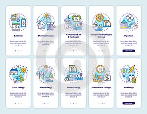 Purchasing solar energy system onboarding mobile app page screen with concepts set