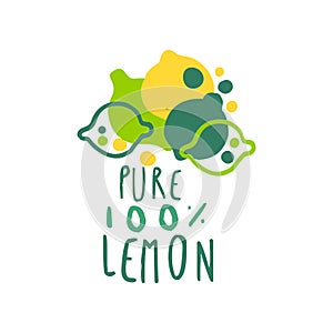 Pure 100 percent lemon original design logo, natural healthy product badge colorful hand drawn vector Illustration