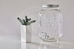 Pure Beauty in Minimalism: Tranquil White Table with Succulent, Empty Glass Water Dispenser, and Serene White Backdrop