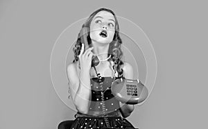 Pure beauty. retro style. communication concept. shopping online. retro girl speak on phone. pretty kid talking on