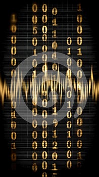 A pure black background with golden binary code and waveform, representing concepts in data science or artificial intelligence