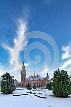 Pure blue sky on the garden of the Peace Palace, the seat of the International Court of Justice