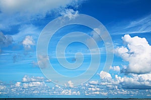 pure clear blue sky huge white gray cloud and sunlight shiny on tropical on the sea and fishing boat