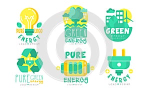 Pure Energy Green Logo Design Templates Collection, Renewable Energy, Innovative Technologies Vector Illustration on