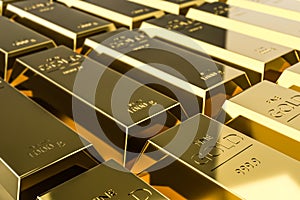 Pure gold bars on rich background of wealth from trading profits of fast growing businesses. Contracting profit in stock market