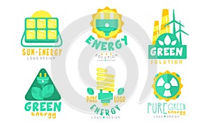 Pure Green Energy Logo Design Templates Collection, Renewable Energy, Innovative Technologies, Ecology Solutions Vector