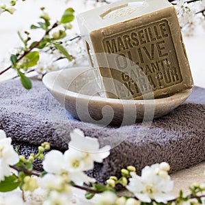 Pure green French olive oil solid soap in mineral cup