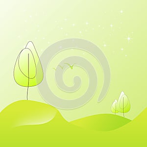 Pure illustration of summer landscape in shades of green tree
