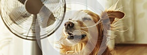 Pure joy and delight of a dog with flying ears basking in the refreshing breeze from a fan, its fur ruffling.