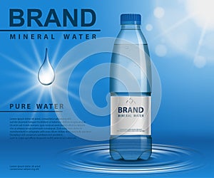 Pure mineral water ad, plastic bottle with water drop elements on blue background. Transparent container mockup, with
