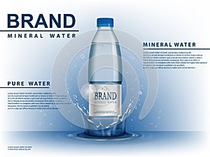 Pure mineral water ad, plastic bottle with water drop elements on blue background. Transparent Drinking water Bottle