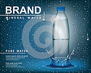 Pure mineral water ad, Transparent shine plastic bottle with drop elements on blue background. realistic 3d vector