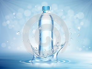 Pure mineral water, plastic bottle in the middle and flying water drop elements on blue background