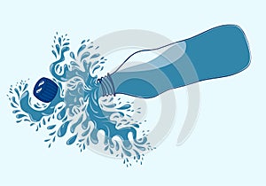 Pure mineral water, plastic bottle in the middle and flying water drop elements on blue background.