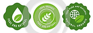 Pure and natural 100 percent organic emblem badge icon set collection green leaf and droplet symbol